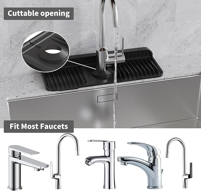 WAFT YEARN 14X5 Inch Silicone Durable Faucet Mat Kitchen Sink Splash Guard Draining Protector Tray Liner Absorbent Protective Counter Accessories For Sink Kitchen Bathroom Laundry Room Bar & RV Black