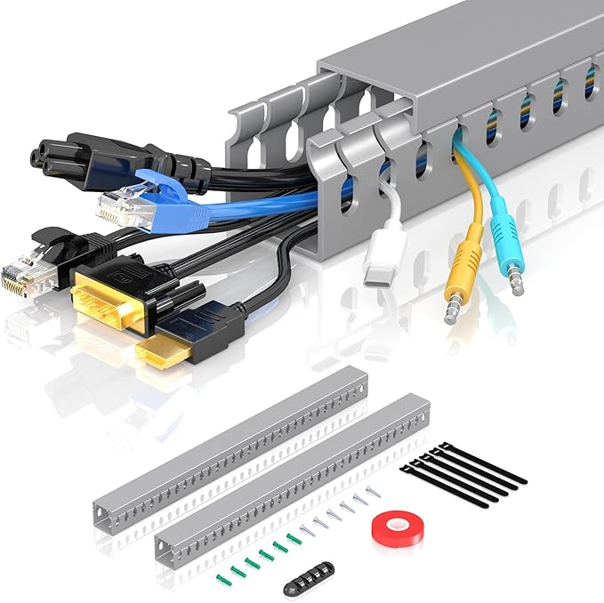 Open Slot Wire Duct Kit, 31.4" (2 x 15.7") Server Rack Cable Management, Cable Management Raceway for Hiding Network HDMI VGA Cables, Wiring Raceway Cable Duct, Desk Wire Channel, 2 Pack, Grey