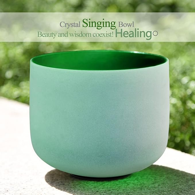 RYAN DVAN 432 hz 8” F Note Green Frosted Heart Chakra Crystal Singing Bowl with Free Heavy-Duty Carrying Case and Suede Striker O-Ring