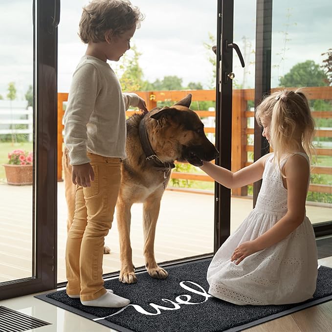 Door Mat, Welcome Mat Low Profile Floor Mat Front Doormat Indoor and Outdoor Doormat Non Slip Rugs for Entryway, Patio, High Traffic Areas (36"x24", Black-Welcome)
