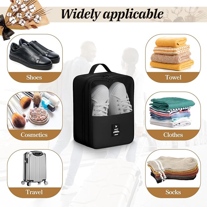 2 PCS Shoe Travel Bag, Shoes Bag Portable Shoe Packing Cubes 2 Layers Holds 3 Pair of Shoes Visual Waterproof Travel Luggage with Trolley Sleeve and Zipper for Business Trip Storage-Black