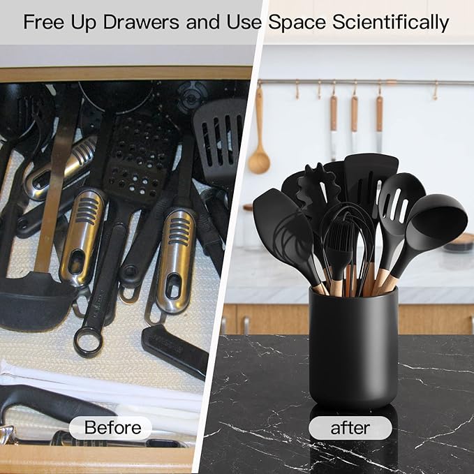 Black Kitchen Utensil Holder for Countertop, Large 7.2" Matte Ceramic Cooking Utensil Crock for Counter, Easy to Clean Modern Spatula Holder for Farmhouse Décor, 7.2×5.8 INCH