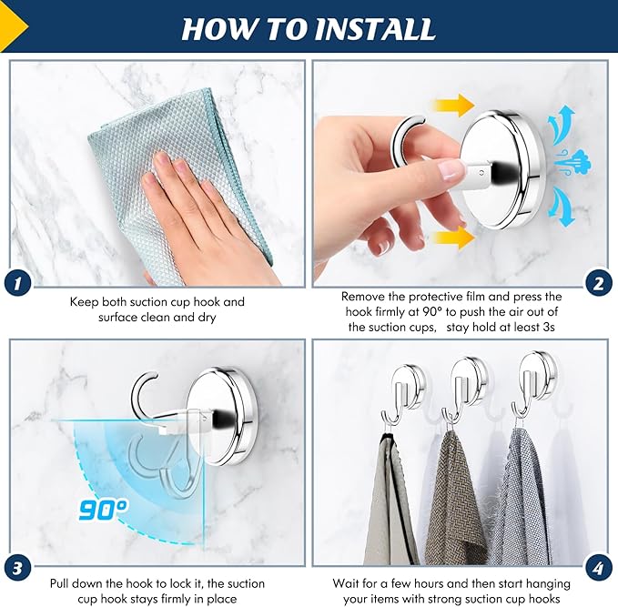 Suction Cup Hooks for Shower, Shower Hooks Mounting on Glass Doors, Tile, Mirrors, Metals,Hook for Hanging Towels, Robe, Loofah, Jackets-Chrome(2 Pack)