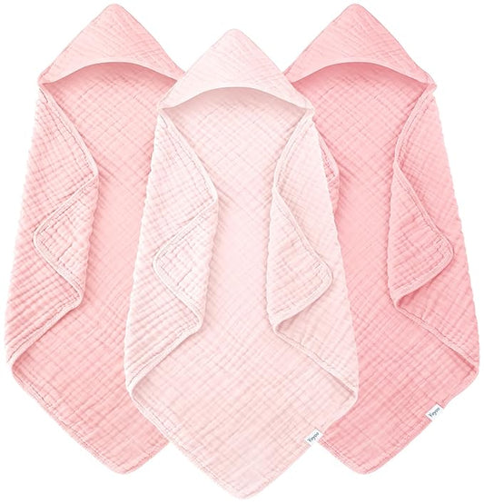 Muslin Hooded Baby Bath Towels - 3 Pack 100% Cotton Ultra-Soft Towels for Newborns, Infants, Toddlers - 32x32 Inch - Highly Absorbent, Quick-Dry Essentials for Bath Time, Beach, Pool, Pink Series