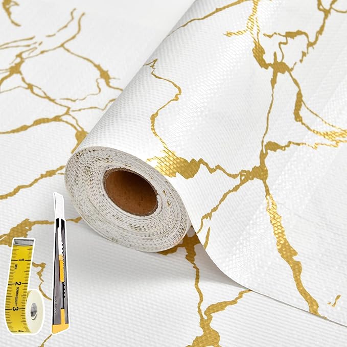 Drawer and Shelf Liner for Kitchen Cabinet, Non-Slip, Waterproof Shelf Paper, 17.5 in X 20 Ft, Non-Adhesive Refrigerator Liners, Gold White Marble, Easy Liners for Bathroom Cupboard