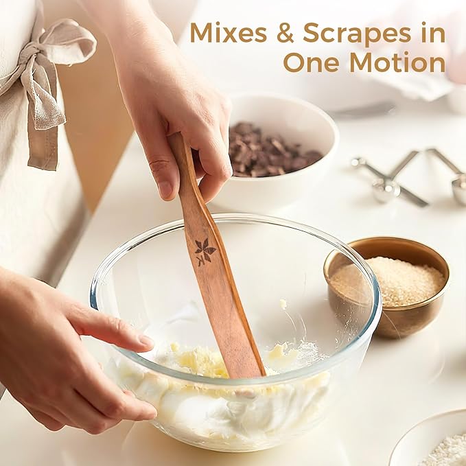 2 Pack Spurtle for Sourdough Starter, Danish Dough Whisk and Jar Spatula, Solid Teak Wood for Mixing, Scraping Jars and Bread Making Tools, Wooden Kitchen Utensils for Non-Stick Cookware