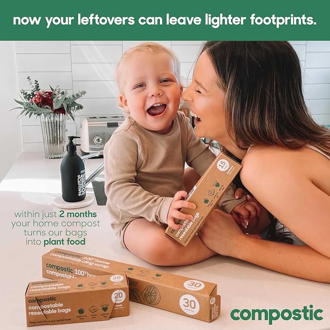 Compostic Home Compostable Resealable Snack Size Bags, Microwave & Freezer Safe, Organic Food Storage Container, 60 Count