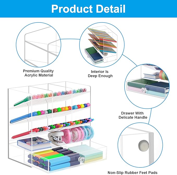 Marbrasse Clear Pen Organizer Storage, Acrylic Desk Organizer with 12 Compartments, Pen Holder for Desk, Desktop Art Organizer for Office School Art Supplies (Acrylic Pen Holder with Drawer)