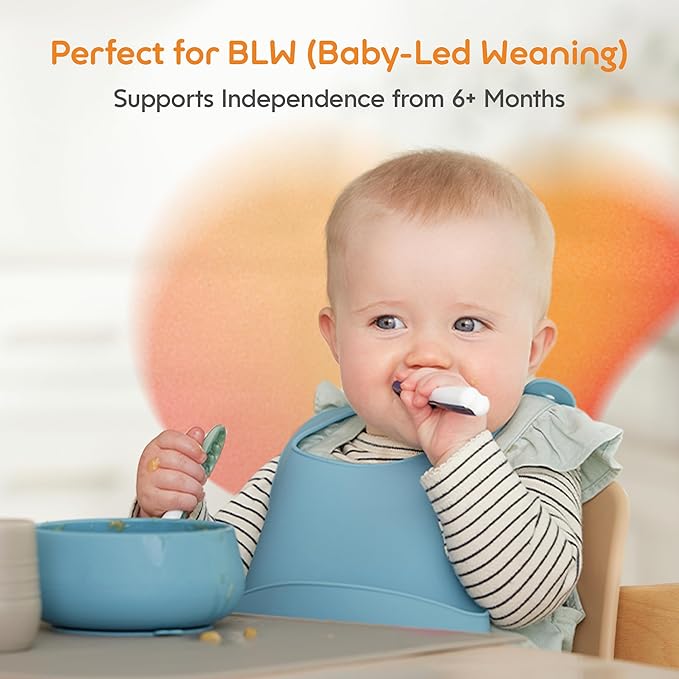NumNum Baby Spoons Set, Baby Essentials Pre-Spoon GOOtensils for 6+ Months, First Stage Self-Feeding Spoons for Baby Led Weaning (BLW), Silicone Toddler Utensils, BPA-Free, 2 Pack Blue/Yellow