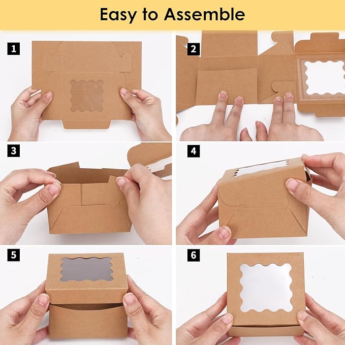 Moretoes 200pcs Cookie Boxes with Window,4x4x2.5 Inch Small Bakery Boxes, for Small Cake, Treats, Donuts, Candy (Brown)