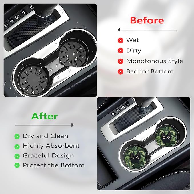 Car Cup Holder Coasters, 2 Pcs Ceramic Coasters with Cork Back and Finger Slot, Anti-Slip Shock Absorbing Women and Men Universal Car Accessories - Lovely Black Cat