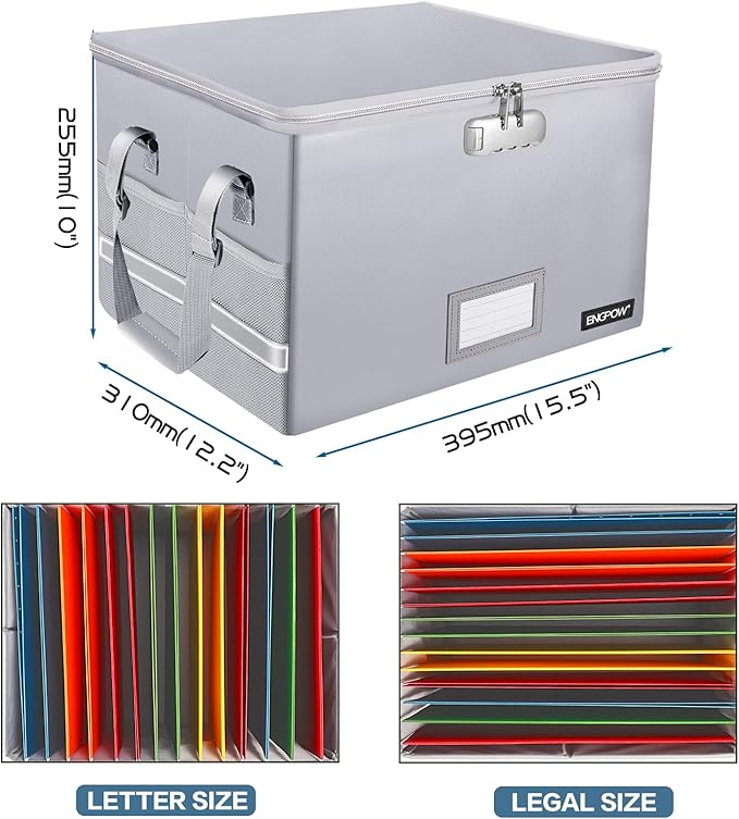 ENGPOW File Box with Lock, Fireproof Document Box with Zipper & Pockets, Collapsible File Organizer Filing Storage Cabinet with Handle, Portable Home Office Safe for Hanging Letter/Legal Folder, Silver