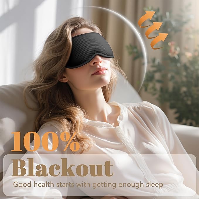 Sleep Mask for Men Women - 100% Blackout Eye Masks for Sleep, Zero Pressure 3D Sleeping Mask, Adjustable Light Blocking Eye Cover Blindfold for Travel, Nap, Night Work, Office - Black