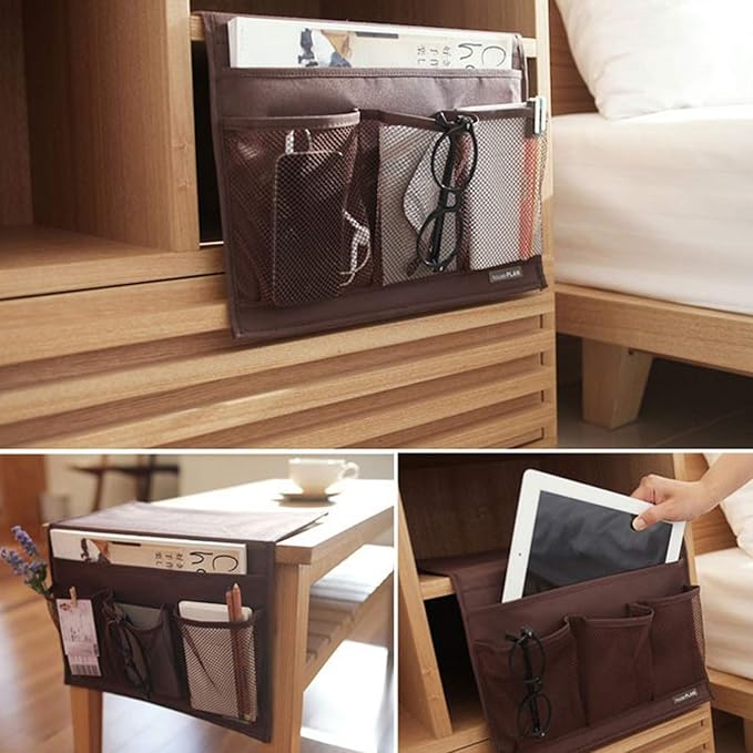 Bedside Storage Organizer, Bedside Caddy, Table Cabinet Storage Organizer, TV Remote Control, Phones, Magazines, Tablets, Accessories (Brown)