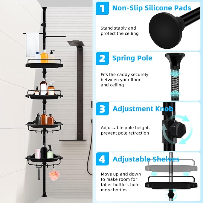 XLHOMO 32-122inch Corner Shower Caddy Tension Pole with Shower Curtain, Rustproof Drill-Free Adjustable Shower Shelves for Bathroom Bathtub Washbasin, with 4 Tier Patent Stable Shelves & Towel Bars