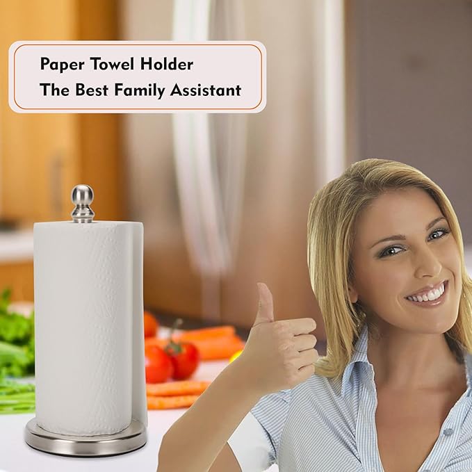 Fatizon Paper Towel Holder Stand, Sturdy Standing Paper Towel Holder Countertop, Paper Towel Roll Holder for Kitchen (Brushed Nickel)