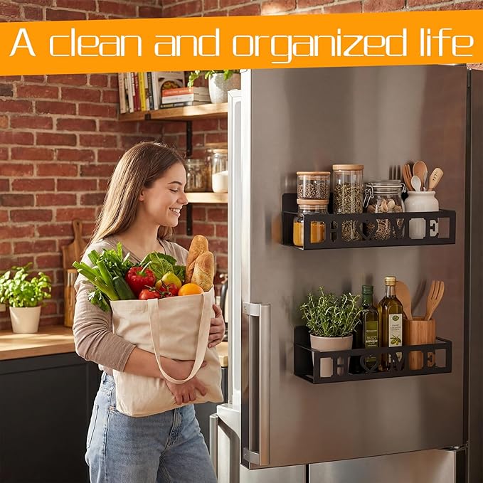 2 Pack Home Magnetic Spice Rack for Refrigerator Metal Magnet Basket Shelf for Fridge Seasoning Storage Organizers Home Decor Kitchen Accessories(Black)