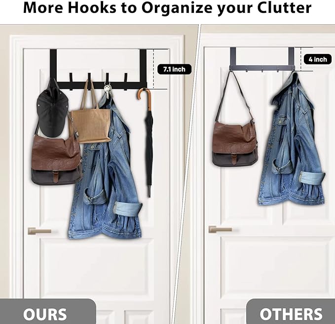 Over The Door Hooks, Door Hanger Hooks for Hanging, Over The Doors Towel Racks for Bathroom with 12 Coat Hook, Coat Rack Dorm Essentials Bathroom Accessories（1 Pack, Black）