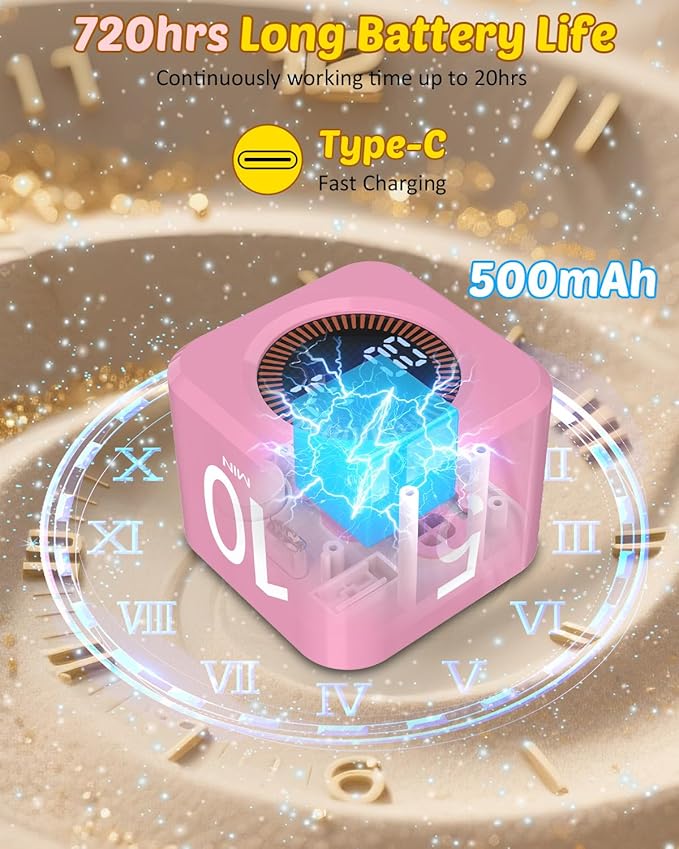 Pomodoro Timer Cube Visual Productivity Flip Timer for Kids Classroom Desk, 5/10/25/50min& Custom Countdown, Silent&Sound Mode Digital Cube for ADHD Study Work School Game Kitchen (Pink)