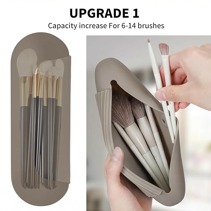 AGIKET Silicone Makeup Brush Holder Travel Cosmetic Bag: Soft Portable Cosmetic Face Brushes Holder with Upgraded Anti-Fall Out Magnetic Closure, Large Travel Makeup Brush Case - Coffea