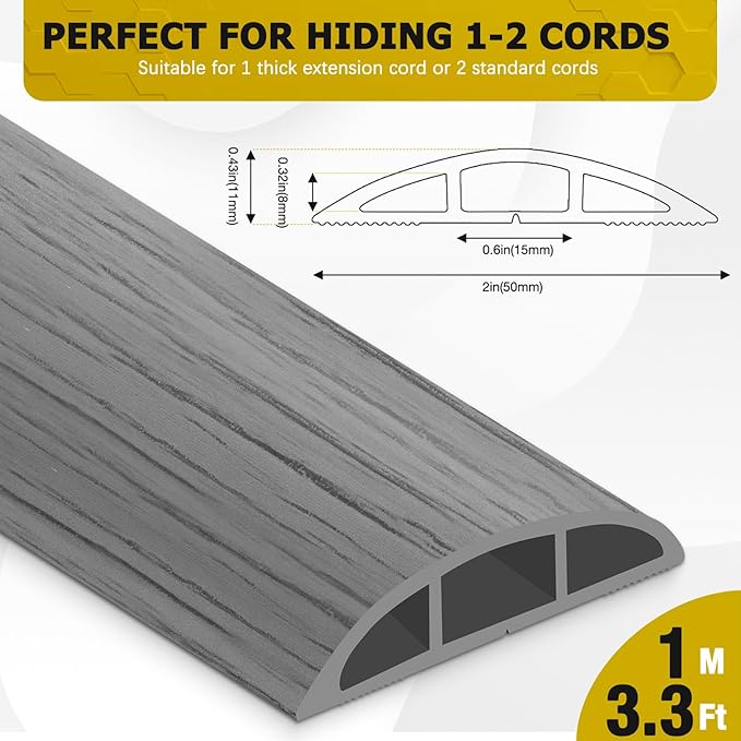 JAHOMFAI Floor Cord Cover 3.3FT Cord Covers for Wires on Floor Protect Wires & Prevent Trip Hazards, Easy to Cut for Home, Office, School, Concerts, Cavity W0.6in x H0.32in