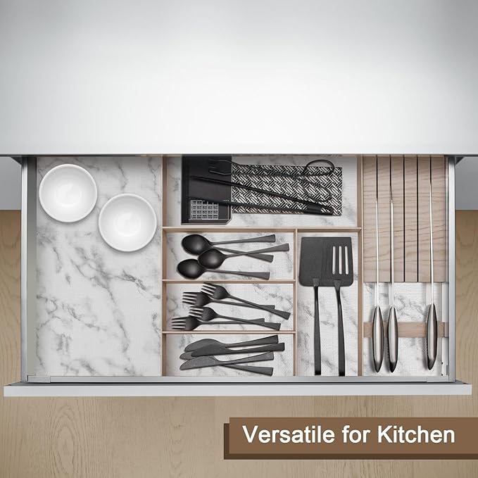 OcePor Non-Adhesive Drawer and Shelf Liner 12IN x 30FT, Non-Slip Cabinet and Cupboard Liner, Kitchen Cabinet Liners for Shelves, Waterproof Drawer Shelf Liners for Cabinets/Bathroom Cupboard, Marble