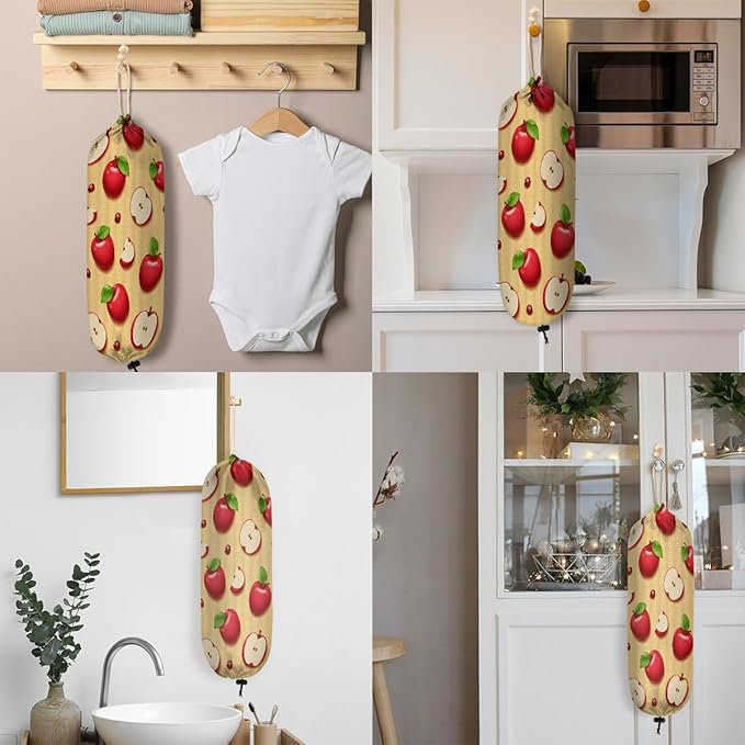 Pardick Plastic Bag Holder Red Apples Wall Mount Grocery Bag Holder Wasgable Plastic Bag Dispenser Garbage Bag Organizer for Home Kitchen Decor, Gifts for Women Mom Family Friends