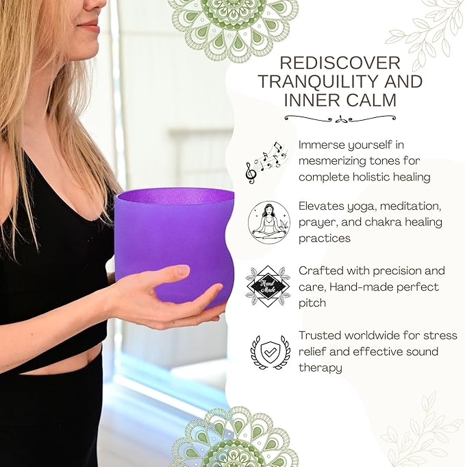 6 inch Purple B Note Crown Chakra Quartz Crystal Singing Bowl, for Healing Mindfulness Meditation Yoga Sound Baths, with Rubber Mallet O-ring
