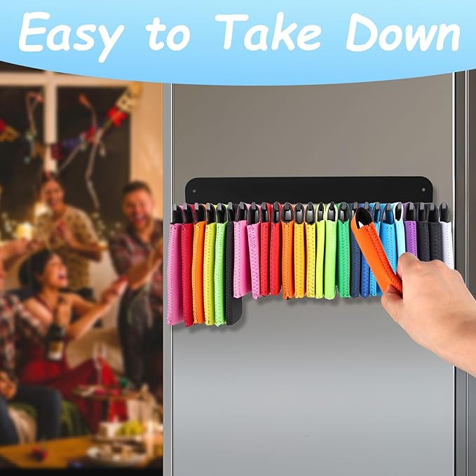 Can Cooler Sleeves Holder Magnetic for Fridge, Beer Sleeves Dispenser Organizer for Storage w/ 25 Hooks, with Screws for Wall Mounted, for Holidays Wedding Party