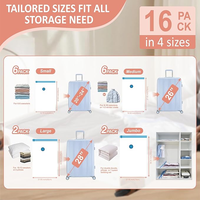 16 Pack Travel Vacuum Storage Bags with Rechargeable Wireless Electric Pump for Luggage, Suitcase, Carry-on Size Vacuum Seal Compression Space Saver Bags for Clothes and Clothing Travel