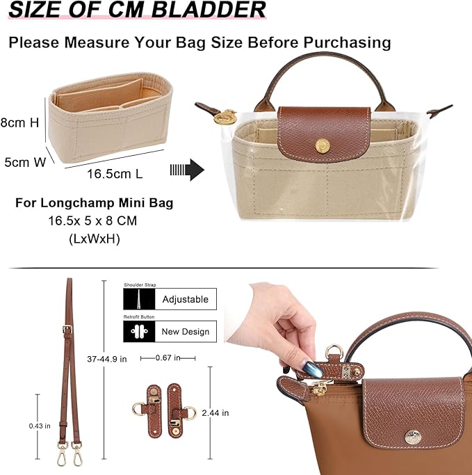 2 Kit Mini Bag Leather Shoulder Strap and Felt Purse Organizer Insert for Longchamp Mini XS Bag, Punch-Free Adjustable Buckle Design (Beige & Strap)