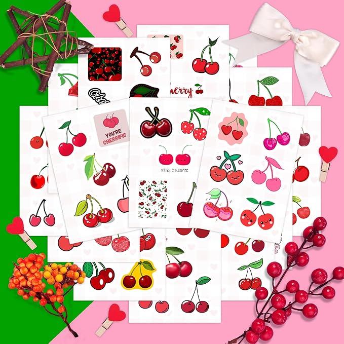 BulbaCraft Cherry Stickers for Water Bottle and Laptop - Fruit Party Favors & Decorations, Waterproof Vinyl Nature Decals, Cute Cherry Stickers Laptop Decals, Gifts for Women & Men