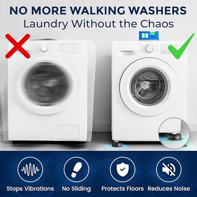 Anti Vibration Pads for Washing Machine with Tank Tread Grip | 8 Pack + Level | Check Compatibility, Fits Most Round Feet up to 1.75” | Stops Washer Dryer from Moving | Rubber Antivibration Stabilizer