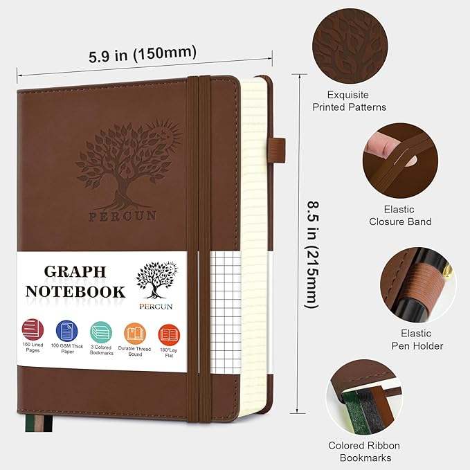 Graph Paper Notebook, 160 Pages Grid Journal for women & men, A5 Hardcover Leather Graphing Notebook for School, Work, Travel, Note Taking 5.9”x8.5” (Brown)