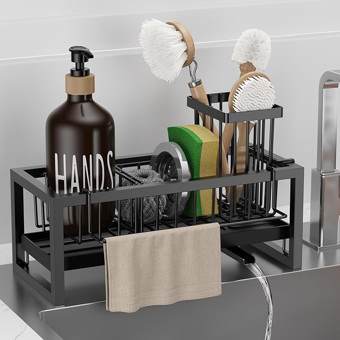 Sponge Holder for Kitchen Sink, Sink Caddy with Towel Holder, Kitchen Countertop Storage Organization, Home Apartment Essential Accessories (Black)