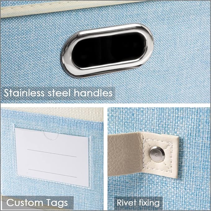 PRANDOM Collapsible Storage Bin with Lid [3-Pack] Fabric Foldable Storage Box Organizer Container Basket Cube with Cover for Home Bedroom Closet Office Nursery Blue&Cream (14.9x9.8x9.8)