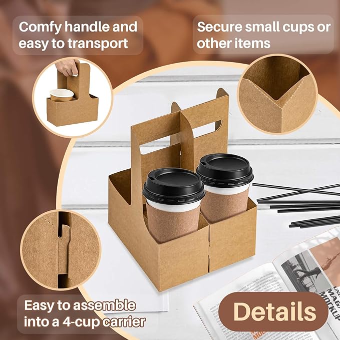 MAQIHAN 2 Cup Drink Carrier with Handle - 50Pcs Disposable Cardboard Coffee Cup Holder Portable Foldable Tray Drink Caddy Cup Carriers to go Cup Holder Food Delivery Accessories for Hot/Cold Drinks