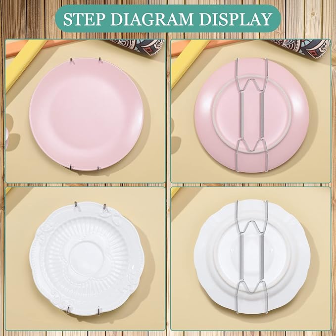 Hotop 12 Pieces Plate Hangers for Wall Stainless Steel Wire Invisible Heavy Duty Plate Hangers Display Holders with 12 Pieces Hooks for Wall Decorative(6/8/10 Inch,Silver)