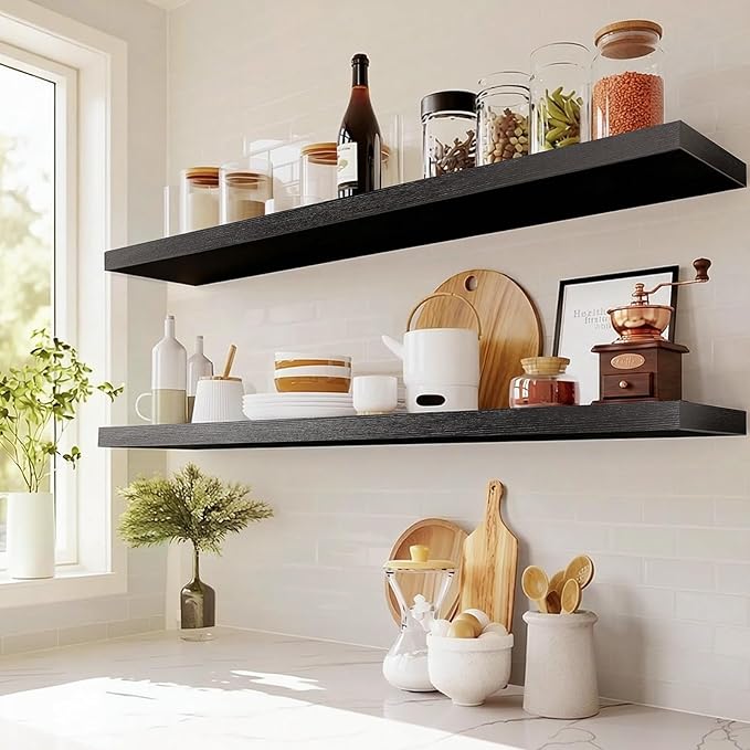 AMADA HOMEFURNISHING Floating Shelves Wall Mounted, 47 x 8 Inch Wall Shelves for Bathroom, Bedroom, Living Room, Black Shelves Set of 2