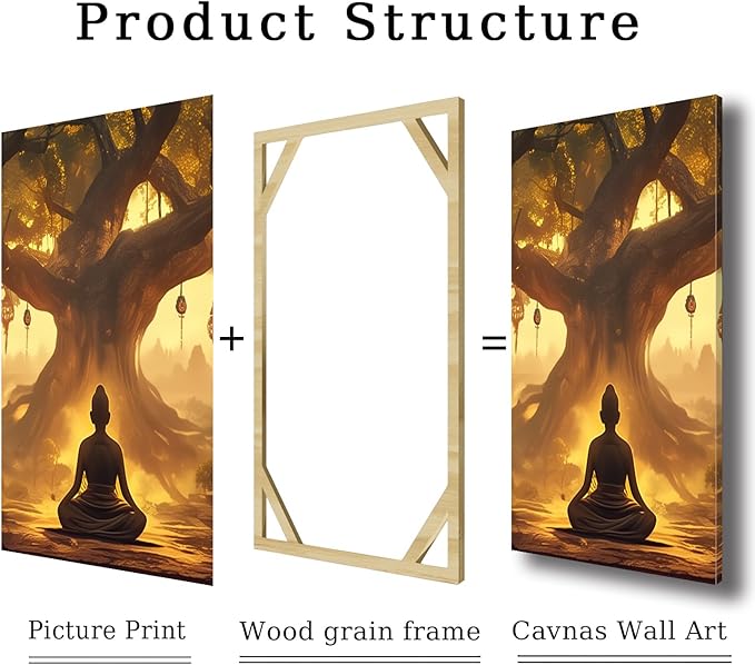 WithHope 3 Piece Buddha Canvas Wall Art, Buddha Home Decor, Buddhist Decorations, Zen Canvas Wall Art, Tree of Life Artwork, Zen Decorations, Modern Painting, Living Room Decor (24" x 36" x 3 pcs)