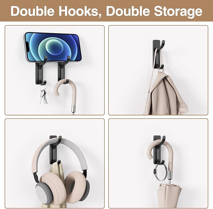pickpiff Adhesive Wall Coat Hooks - Heavy Duty Stick-On Door Hanger, Metal Hook for Hanging Towel, Purse, Robe, Backpack, Jacket, Clothes - for Bathroom, Dorm, Closet, Kitchen - Black, 4 Pack