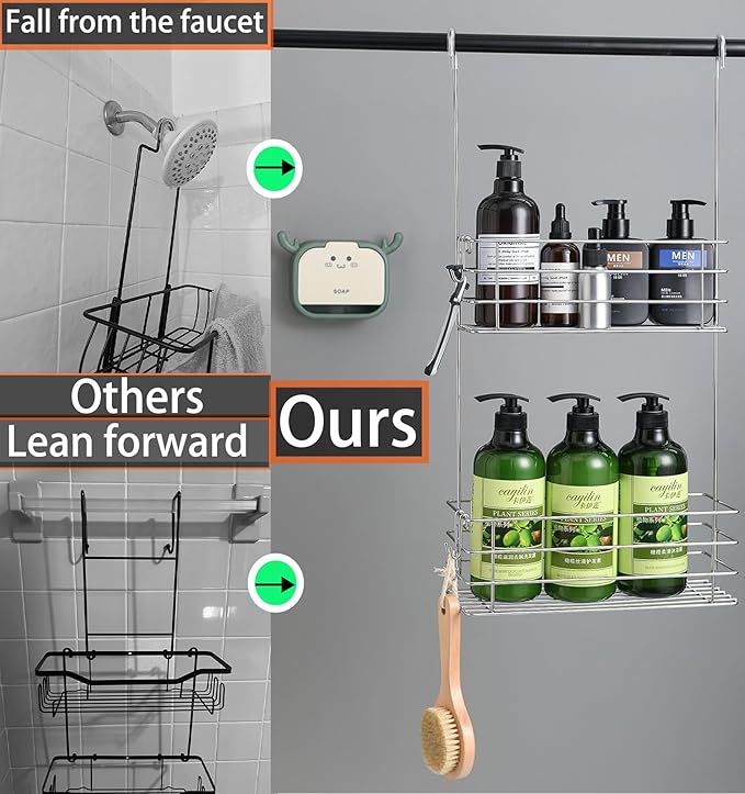 Hanging Shower Rack Shower Caddy with Rotatable Hook Bar, Over-the-Door and Can Be Hung on the Faucet or Claw Foot, 304 Stainless Steel Rust-Proof and Durable (Double-Layer)