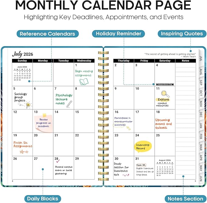 Planner 2026-2027, Academic Year Monthly and Weekly Calendar Planner, Jul 2026 - Jun 2027, Hardcover Teacher Student Planning Agenda book with Tabs, Perfect for School Office Supplies, 6.3" x 8.5" - Deep Bearings