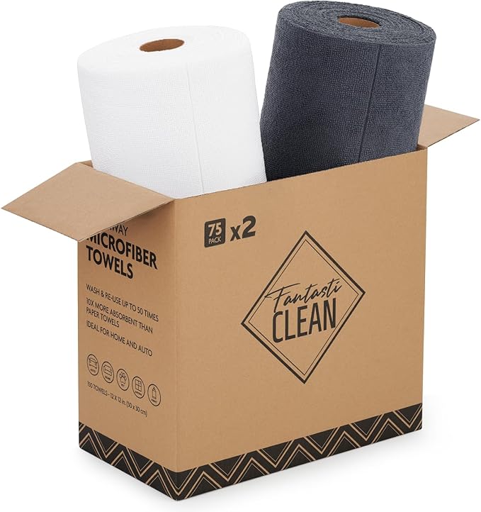 Fantasticlean Microfiber Cleaning Cloth Roll - 150 Pack, Tear Away Microfiber Towels, 12" x 12", Reusable, Washable, Ultra Absorbent Dishcloth for All-Around Cleaning Supplies (White & Dim Grey)