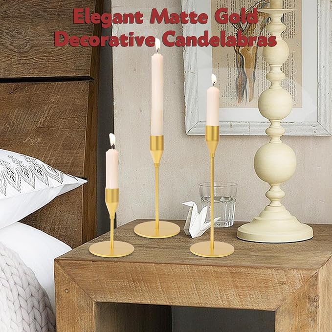 Matte Gold Candle Holders Bulk Painted Gold Metal Candlesticks Fit 0.8 Inch Taper Candles Decorative Metal Candelabra for Wedding Home Holiday Anniversary Party Dinning Table Decors (Set of 6)