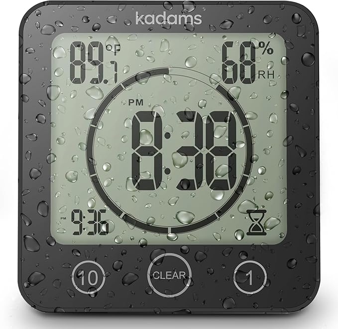 KADAMS Shower Clock Waterproof Bathroom Timer – Digital Wall Clock with Countdown, Magnetic Kitchen Clock with Temperature & Humidity, Suction Cup for Kids Shower Spa Sauna Cook Bath (Black)