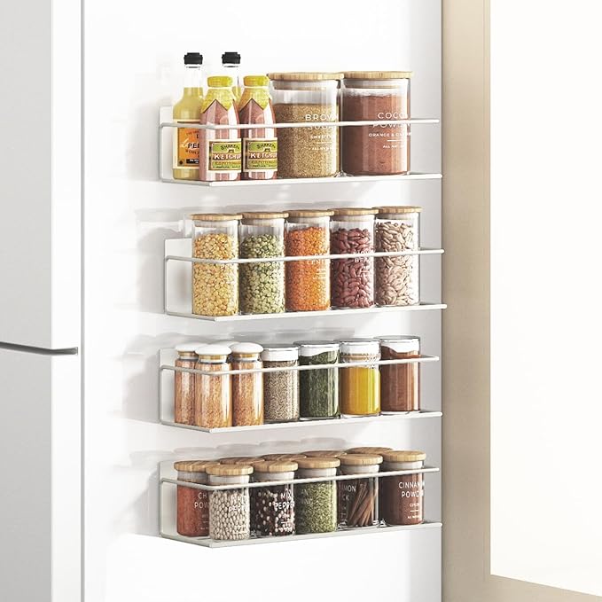 Magnetic Spice Rack For Refrigerator, Space Saving Magnetic Shelf For Fridge White 4 Pack