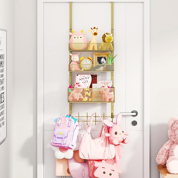 Consumest Over The Door Hooks Organizer - 4 Tier Door Coat Rack with 3 Baskets & 12 Hooks, Stainless Steel Towel Hanger for Bedroom, Bathroom, Living Room, Gold