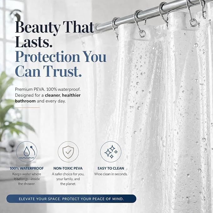 EHZNZIE Crystal Clear Shower Curtain Liner 60x72, PEVA Waterproof Bath Curtain, No Chemical Smell, 3 Weighted Magnets, Durable with Rustproof Metal Grommets