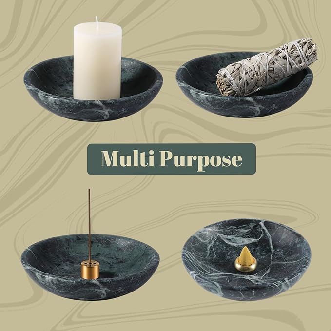 Koville Natural Marble Incense Holder, Incense Holder for Sticks with 9 Holes, Handmade Incense Burner Ash Catcher for Meditation Yoga SPA, Balsam Fir/Palo Santo/Sage/Cone (Green)